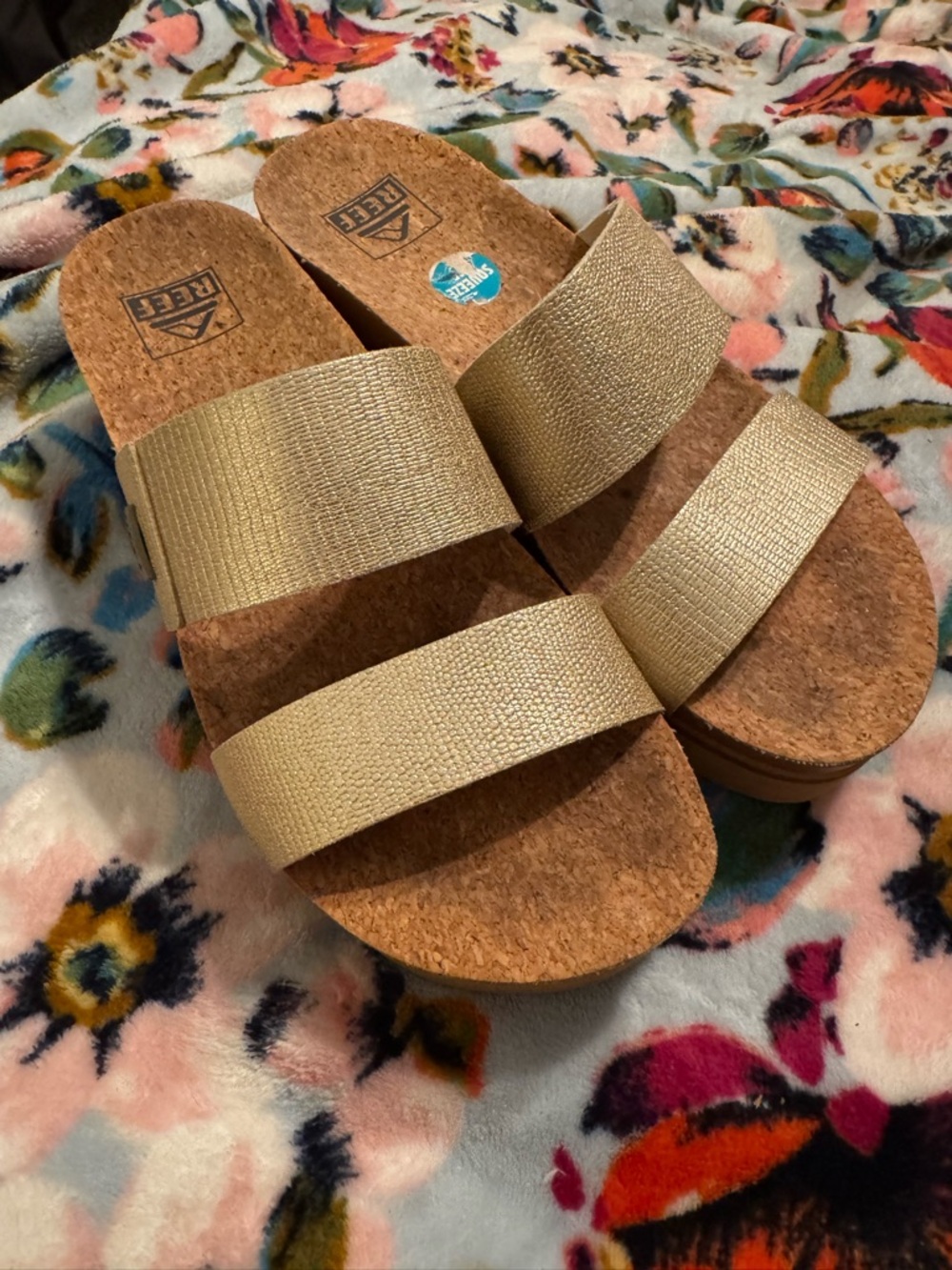 Reef Women’s Gold Double-Strap Cork Slide Sandals
